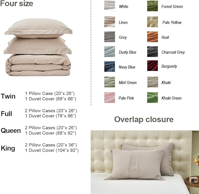 Simple&Opulence French Linen Duvet Cover Set 78" x 86"- 3 Pieces (1 Comforter Cover,2 Pillowcases)- Natural Flax Cotton Blend-Solid Color Breathable Farmhouse Bedding- Khaki, Full