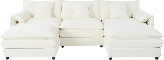 109.45" Oversized Extra Deep Seat Modern Chenille Cloud Couch, Large 3 Seater U Shape Modular Sofa for Living Room,Bedroom,Apartment,Office (White, 109.45 Inch-U Shape)