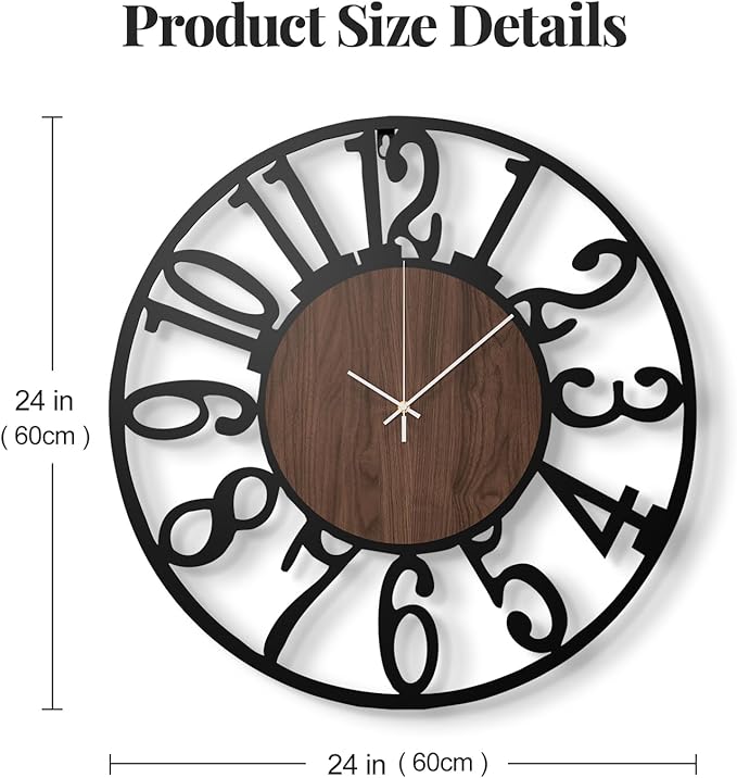 Cuspin Large Wall Clock 24 Inch for Living Room Decor, Silent Non Ticking Battery Operated Black Round Metal and Wood Wall Clock, Modern Farmhouse Rustic Big Clock with Arabic Numerals