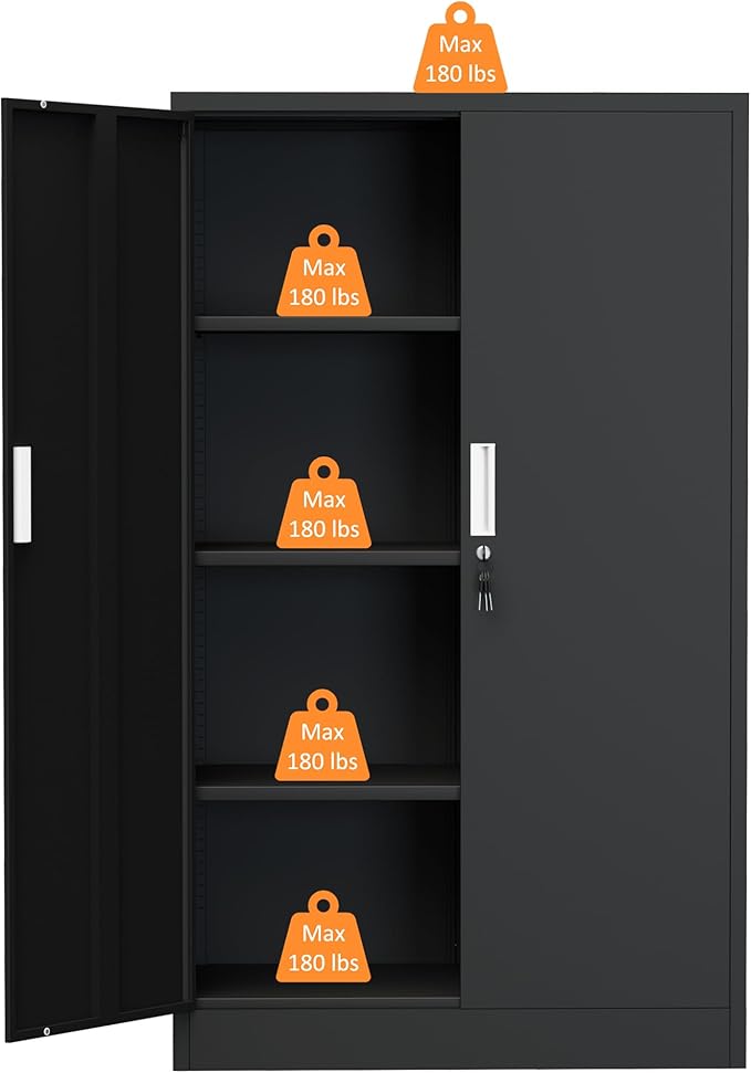 Metal Storage Cabinet with Locking Doors and 3 Adjustable Shelves, Lockable Storage Cabinets for Home Office Garage Kitchen Pantry (Black)