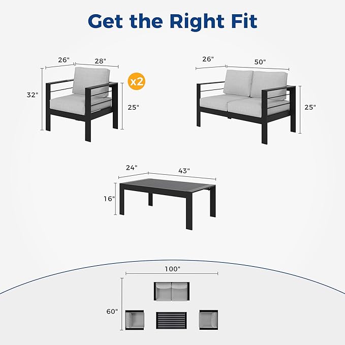 Wisteria Lane 4-Piece Aluminum Patio Furniture Set, Outdoor Furniture with Coffee Table, Metal Sofa Set for Deck, Porch, Balcony, Indoor, Black Frame & Light Grey Cushion