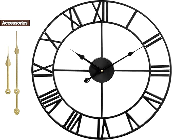 1st owned Large Wall Clock, Metal Retro Roman Numeral Clock, Modern Round Silent Wall Clocks, Easy to Read for Living Room/Home/Kitchen/Bedroom/Office/School Decor (Black, 18.5 Inch)