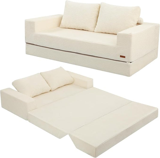 COMAX Convertible Sofa Bed Queen, Corduroy Folding Floor Couch Pull Out Couch Bed Futon Sleeper with Pillows, Fold Out Boneless Sofa Comfy Lounge Mattress Loveseat for Living Room Bedroom, Beige