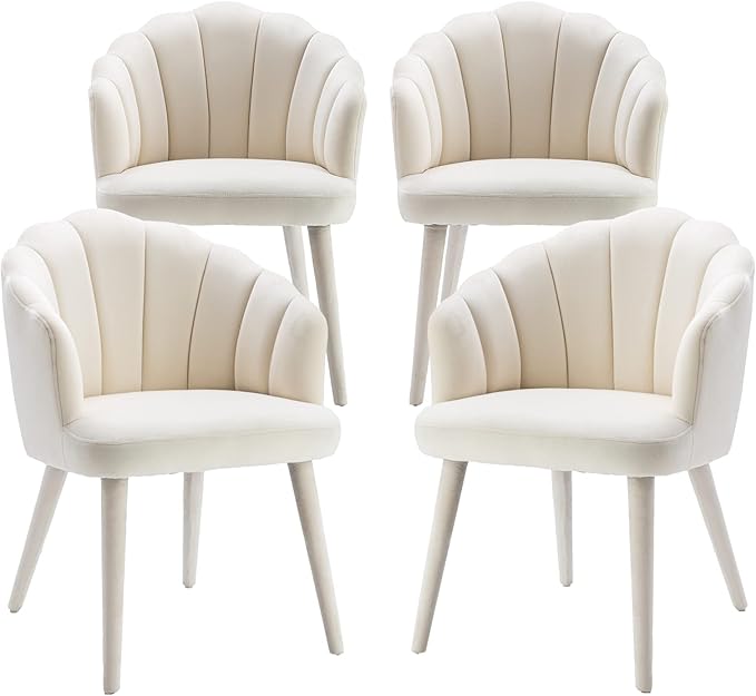 Velvet Dining Chairs Set of 4 Modern Living Room Chairs with Petal Back & Wood Legs Comfy Upholstered Side Chair for Dining Room/Bedroom/Vanity, Cream