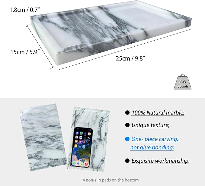 Natural White Marble Vanity Tray, 9.8"x5.9" Genuine Marble Stone Tray for Bathroom/Kitchen/Dresser (Arabescato)