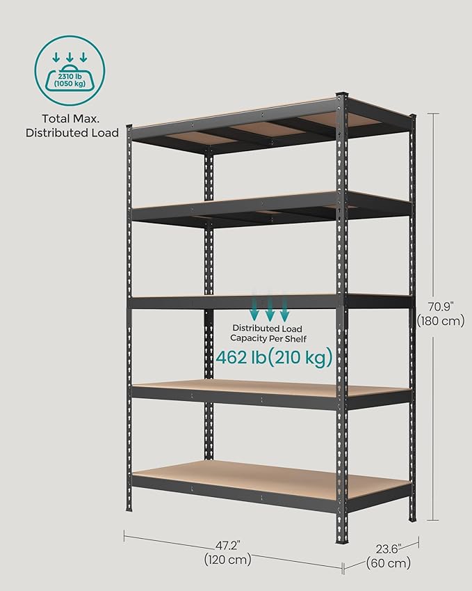 SONGMICS 5-Tier Storage Shelves, Load 2310 lb, Garage Storage, Boltless Assembly, Adjustable Shelving Unit, 23.6 x 47.2 x 70.9 Inches, for Study Shed Basement, Gray and Natural Beige UGLR600G01