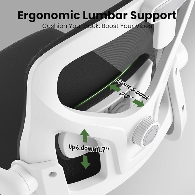 Soohow Office Chair, Ergonomic Office Mesh Desk Chair with Adjustable Back Support, High Back Comfy Computer Swivel Chair with Headrest, Lumbar Support for Study Room, Gaming and Office, White Black