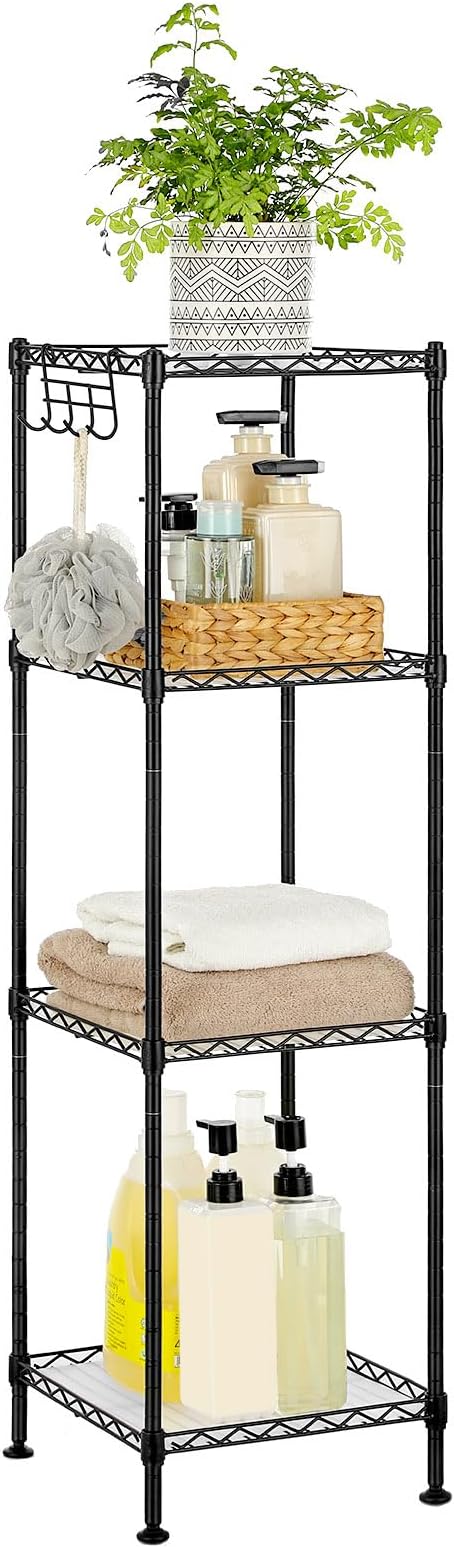 SONGMICS 4-Tier Bathroom Shelf, Storage Rack for Small Space, with 4 PP Shelf Liners, Removable Hook, Extendable Design, Ink Black and Translucent ULGR104B01