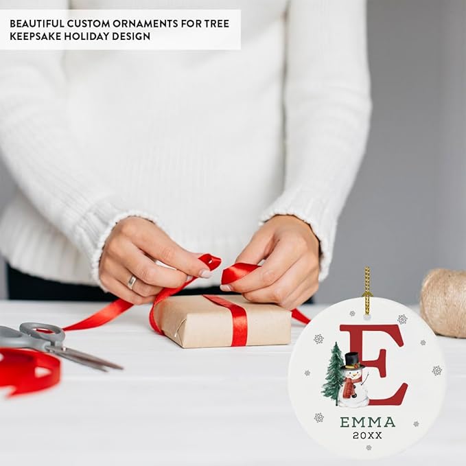 Andaz Press Personalized Christmas Ornament, Custom Name, Initial E Monogram Snowman 2.8" Ceramic Porcelain 2025 Christmas Ornament Keepsake for Kids, Boys, Girls, 1-Pack Initial Ornaments