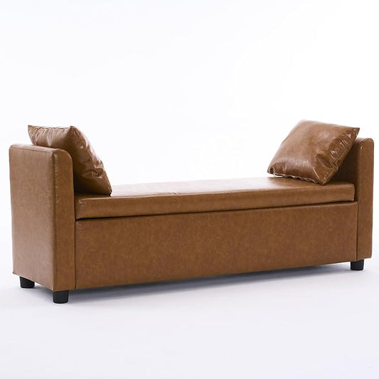 Storage Bench for Bedroom, 55" Long Bench for King Size Bed, Modern Upholstered End of Bed Ottoman Bench with Arms for Entryway Living Room (Faux Leather - Camel Brown)