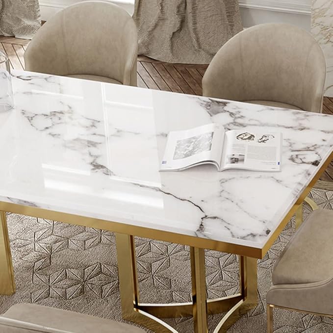 POVISON Marble Dining Table for 6, Modern Dining Room Table 71" for Kitchen & Dining Room, Luxury White Marble Table Top with Gold Trestle Pedestal(Dining Table Only)