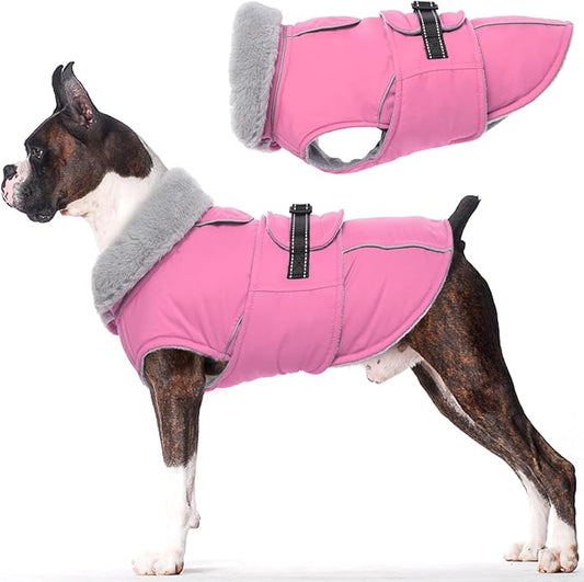 Lelepet Warm Dog Coat Reflective Fleece Vest Waterproof Dog Jacket with Adjustable Buckle Hook & Loop Windproof Cold Weather Coats for Small Medium Large Dogs, Pink, XL