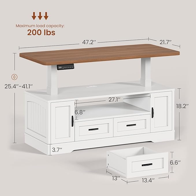 SEDETA 47.2" Electric Standing Coffee Table with Storage, Farmhouse Lift Top Coffee Table with Drawers and Open Shelves, Height Adjustable Tables with Power Outlet, for Living Room, White