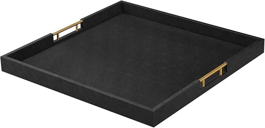 20x20 Inches Large Black Faux Leather Wrapped Wood Ottoman Tray with Handles for All Occasions, Serving Food Breakfast On Bed, Home Decor Decorative, Living Room,Square Coffee Table Organizer