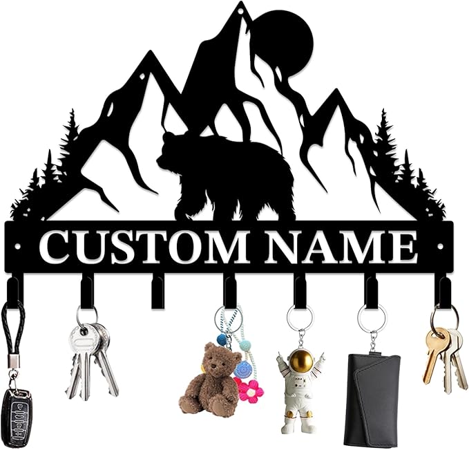 Personalized Custom Name Bear Key Wall Hooks,Metal Bear Keys Clothes Hooks,Metal Bear Wall Home Storage Decorative,For Front Door, Hallway, Kitchen, Bedroom,Keys,Hats (Style L)