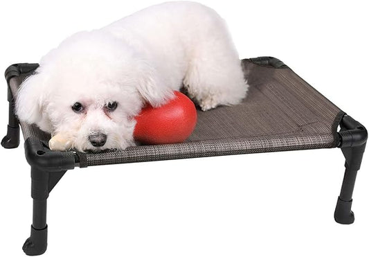 Veehoo Outdoor Elevated Dog Cot Bed, Cooling Raised Pet Bed for Small Dogs, Washable Breathable Mesh Hammock Bed with No-Slip Feet, Indestructible Ground Off Training Platform Cot-22"x17" Brown