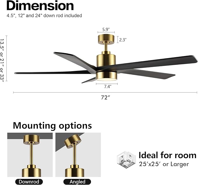 WINGBO 72" DC Ceiling Fan with Lights and 3 Downrods, 5 Carved Wood Blades, 6-Speed Reversible DC Motor, Large Ceiling Fan in Brass Finish with Black Blades, ETL Listed