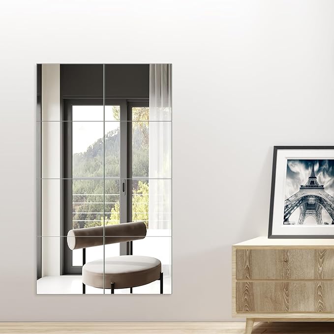 Ruomeng Full Length Wall Mirror Tiles - 12" x 10" x 8Pcs Frameless Full Body Mirror Tiles Wall Mounted Mirror for Home Gym Vanity Bedroom, Living Room