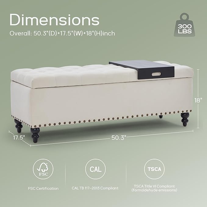 HUIMO 51-inch Storage Ottoman Bench with Removable Tray, Bedroom Bench with Button-Tufted, Safety Hinge Ottoman in Upholstered Fabrics, Large Long Bench for Living Room, Bedroom (Ivory)