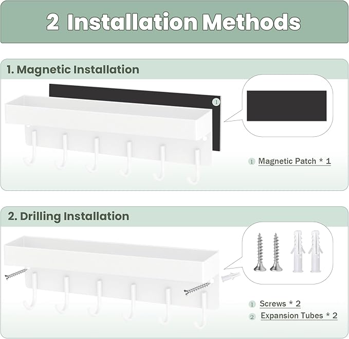 Magnetic Key Holder Wall Mount, Small Metal Key Rack with Tray, 9.6 Inch, 6 Hooks, 2 Installation Options, White