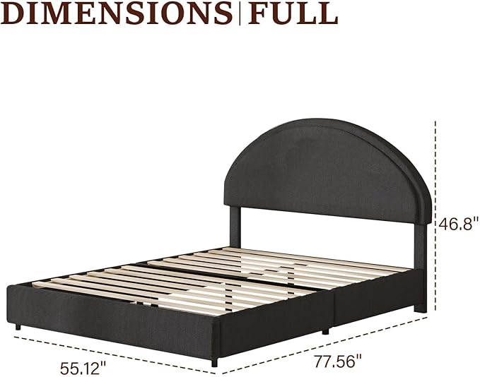 Full Size Bed Fram, Upholstered Platform Bed with Headboard, Boucle Bed Frame with Round Conne, No Box Spring Required, Easy Assembly, Dark Grey