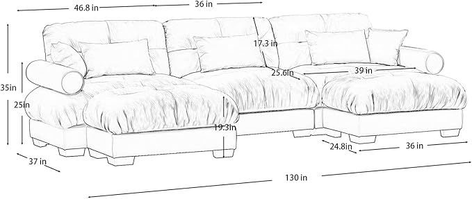 130" Grey Modular Sectional Sofa, 3 Seater Large Sectional Couches for Living Room, Velvet Fabric Oversized Fluffy Cloud Couch with Ottoman, Deep Seat Home Sofas Set, Sofá Moderno, U Shaped