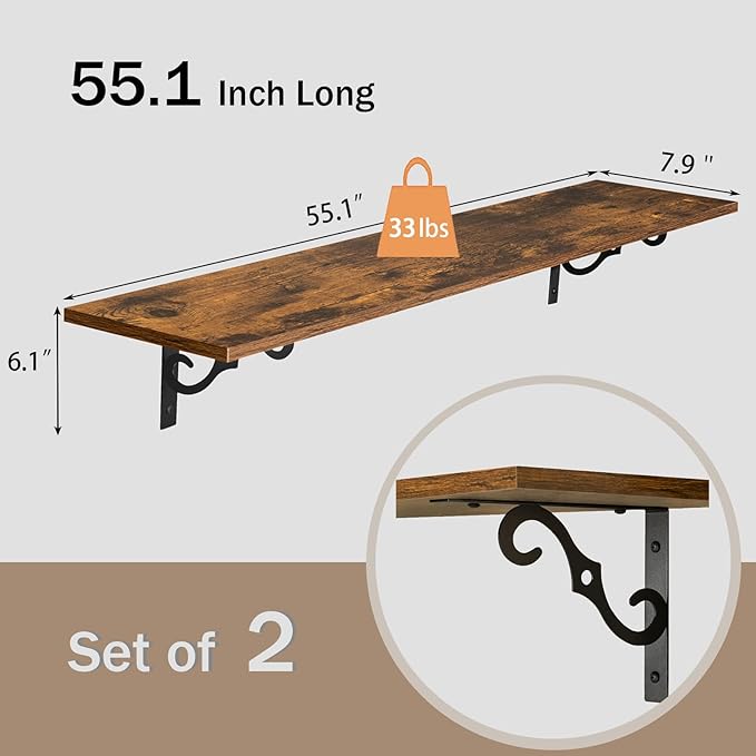 DINZI LVJ Long Wall Shelves, 55.1" Large Floating Shelves Set of 2, Farmhouse Display Shelf Wall Mounted with Heavy Duty Brackets, Easy Assembly for Kitchen, Bathroom, Bedroom, Balcony, Rustic Brown