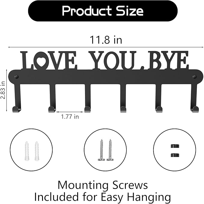 Key Holder for Wall - 'Love You Bye' Key Hooks,Key Holder Wall Mount Self Adhesive, Key Rack Wall Mount for Wall No Drill for Living Room, Kitchen, Bathroom, Garage (Black, 6 Hooks)
