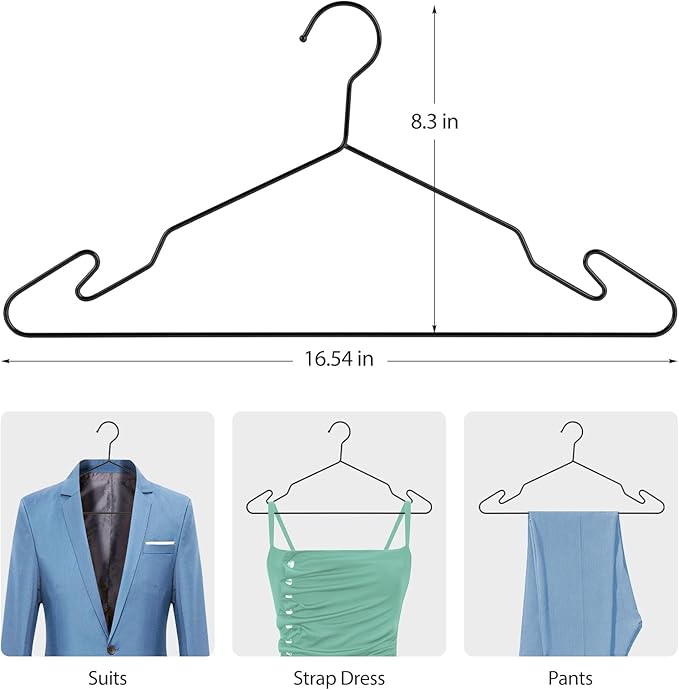 Black Aluminum Hangers, 16.5 Inch Smooth and Durable Metal Shirt Dress Hanger, Lightweight and Sturdy Metal Hanger for Suit Jackets and Casual Pants (20 Pack) (Black, Black-20P)