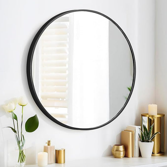 24" Round Mirror Circle Wall Mounted Hanging or Against Wall Aluminum Alloy Metal Frame Dressing Make-up Mirrors for Entryway Bedroom Bathroom Living Room 24 inch Black