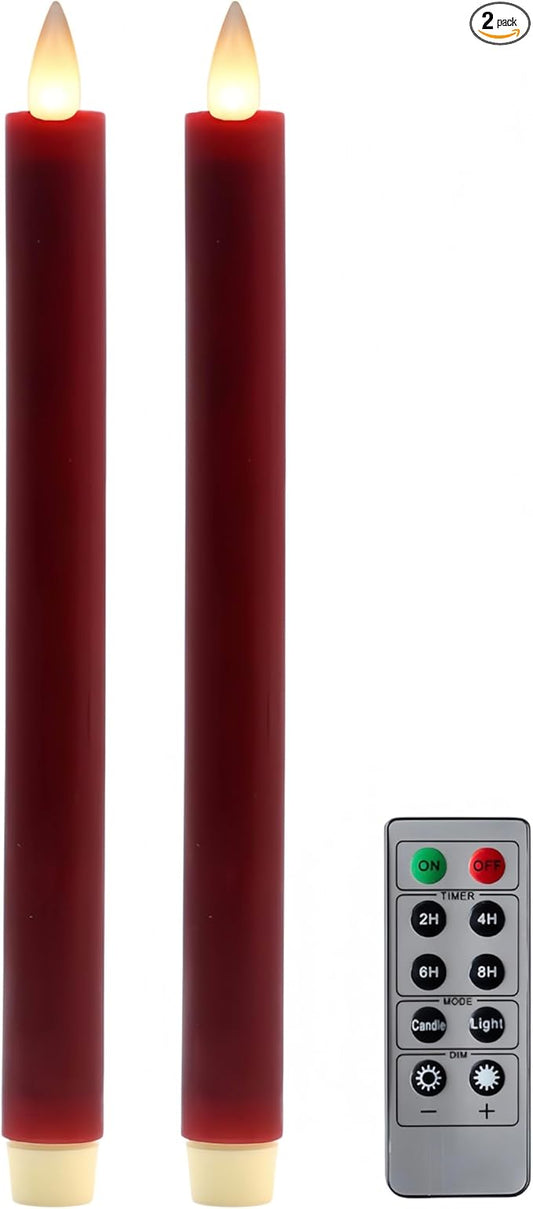 Flameless Taper Candles Flickering with Remote and Timer, 3D Moving Flame Taper Candle Battery Operated to 400 Hours, 9 Inch Window Candles, (Burgundy)