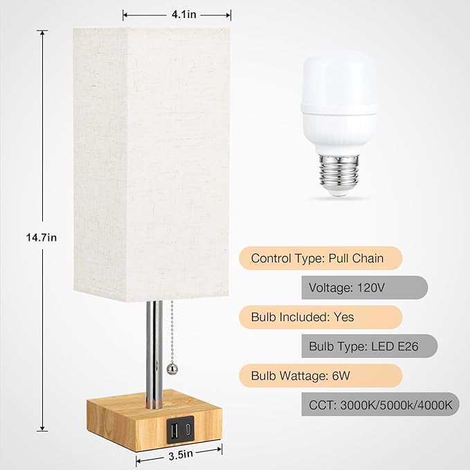 aooshine Beige Small Table Lamp for Bedroom - 3 Color Temperature 3000K 5000K 4000K Bedside Lamp, Pull Chain Control, USB A and C Ports, Wood-Grain Base, Bulb Included