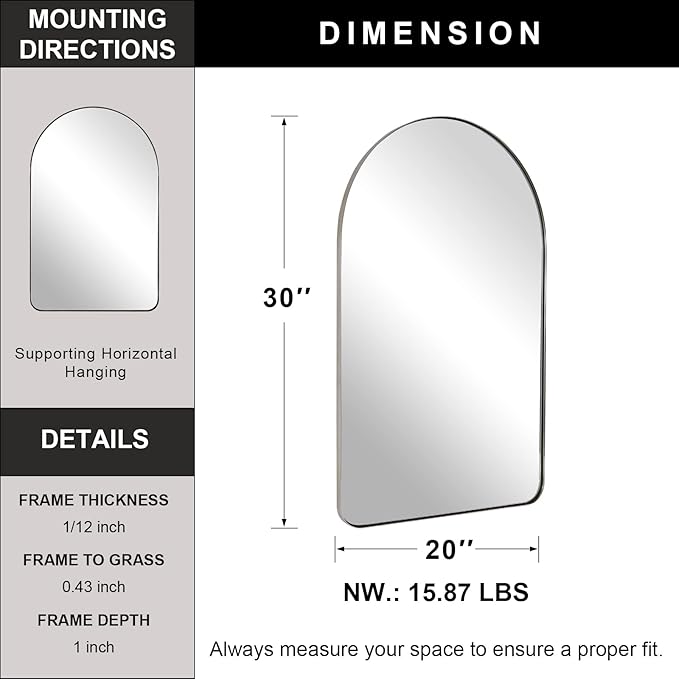 ANDY STAR Chrome Bathroom Mirror, 20" x 30" Arch Mirror in Stainless Steel Metal Frame, Chrome Arched Bathroom Mirror for Wall, Arch Top Rounded Corner 1" Deep Set Design Wall Mount Hangs Vertical