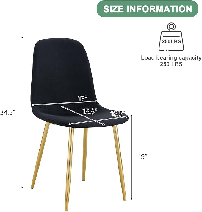 Dining Chairs Set of 4,Luxury Modern Kitchen Dining Room Chairs with Metal Golden Leg and Linen Material High Resilience for Dining Room,Restaurant,Living Room, Bedroom, (Black+Gold)