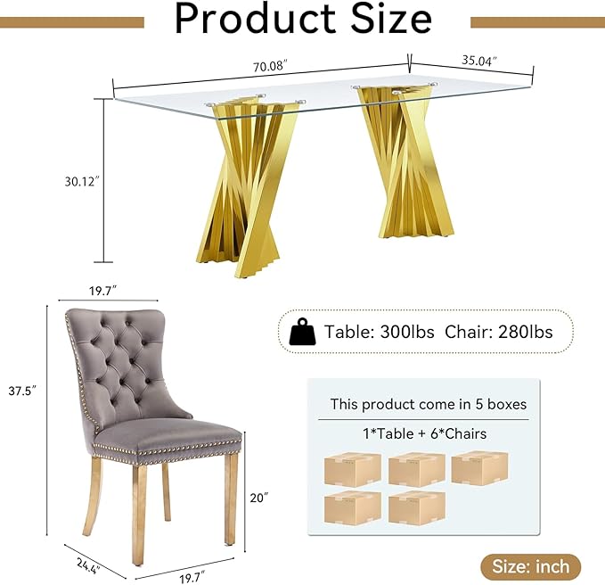 7 Piece Dining Table Set with 6 Grey Dining Chairs, Modern Glass Kitchen Table and Chairs Set for 6, 70" Rectangle Gold Glass Pedestal Dining Room Tables with Flash-Shape Stainless Steel Base