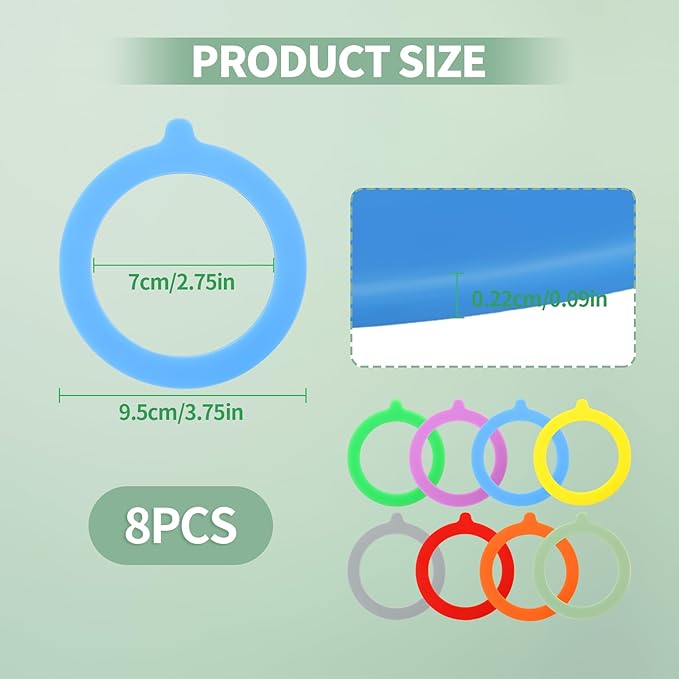 8PCS Rubber Seals for Glass Jars, Airtight Silicone Replacement Gasket,Food-Grade Silicone Gaskets(3.75" Diameter,Fits Mason Jars),Leakproof, Airtight Rings for Food Storage,Canning(8 colors)