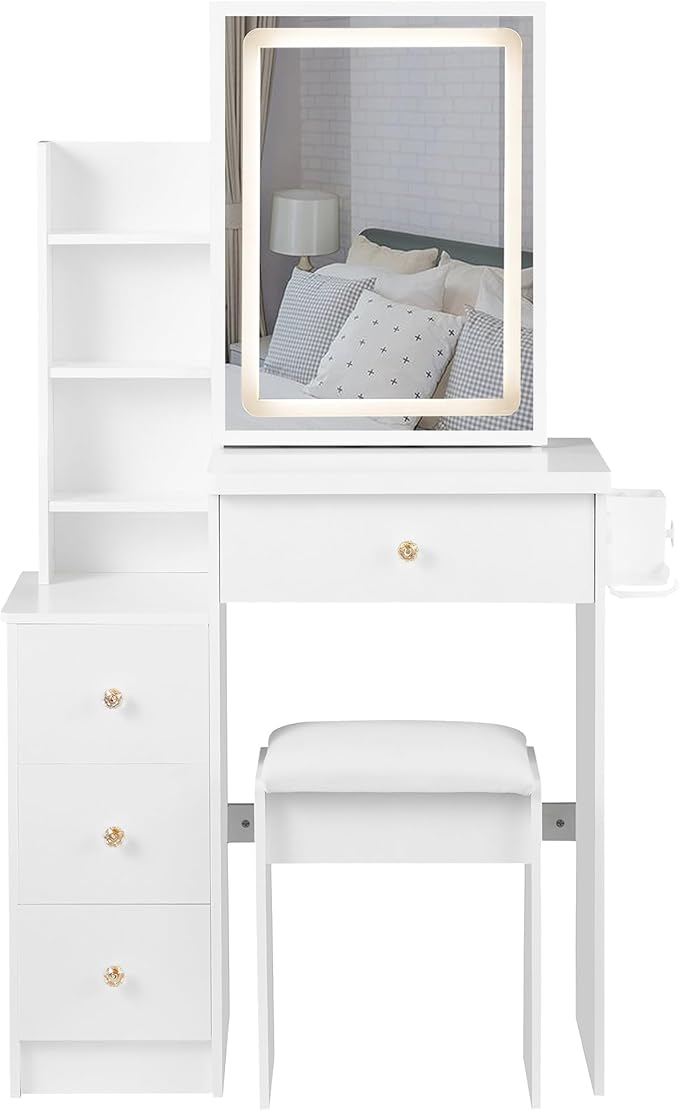 Makeup Vanity Desk Set with LED Lights, 3-Mode Adjustable Lights, Small Vanity with Chair，Compact Space Storage Shelves, Hair Dryer Holder Compact Vanities Table for Bedroom, White