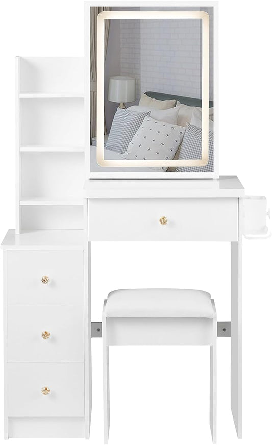 Makeup Vanity Desk Set with LED Lights, 3-Mode Adjustable Lights, Small Vanity with Chair，Compact Space Storage Shelves, Hair Dryer Holder Compact Vanities Table for Bedroom, White