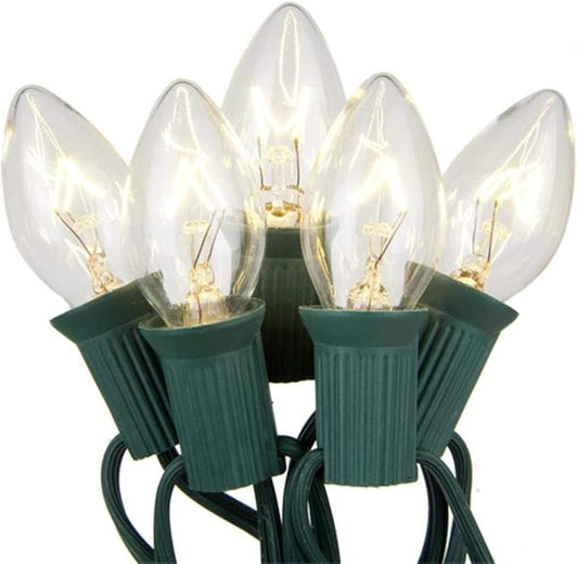 Couah C7 Christmas String Lights-25Ft Vintage Clear Lights with 27 Clear Incandescent Bulbs (2 Spare), Outdoor String Lights for Christmas Party Backyard Wedding - Green Wire