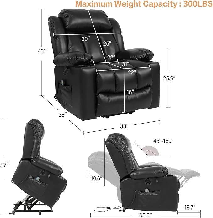 PARKOL Power Lift Recliner Chair for Elderly Breathable Leather Recliner Chair with Massage and Heat for People Limited Mobility (Black, Small)