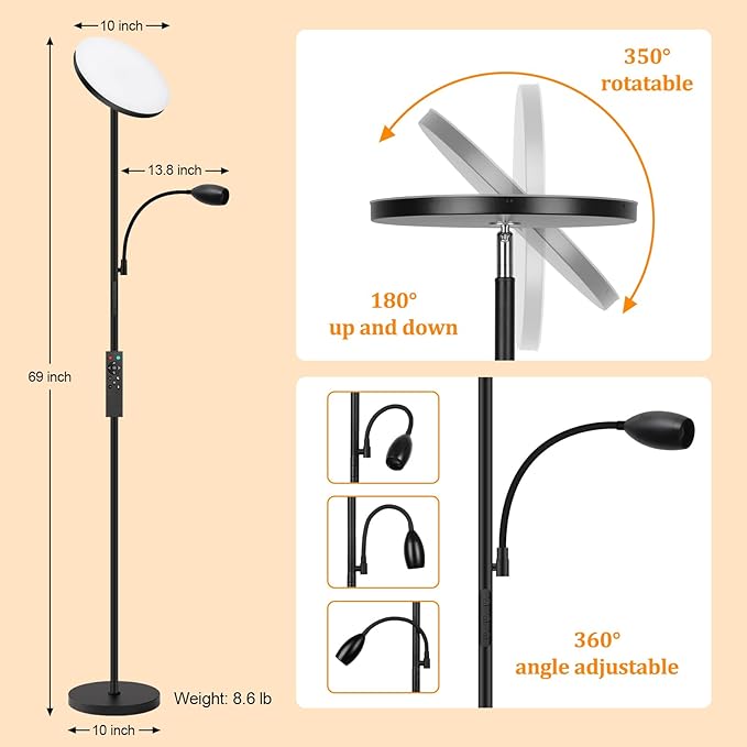 LED Torchiere Floor Lamp with Gooseneck Reading Light, 69" Dimmable Reading Floor Lamp with Adjustable Color Beam, Remote Control Standing Lamp, Zoomable Spotlight for Living Room,Bedroom,Office,Black