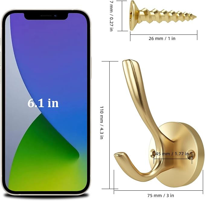 ZUONAI Gold Bathroom Towel Hooks Gold Coat Hooks 2 Pack Heavy Duty Brushed Towel Hooks Screws Solid Brass Wall Hooks for Hanging Coats, Hats, Jacket, Clothing and Keys in Bedroom Bathroom