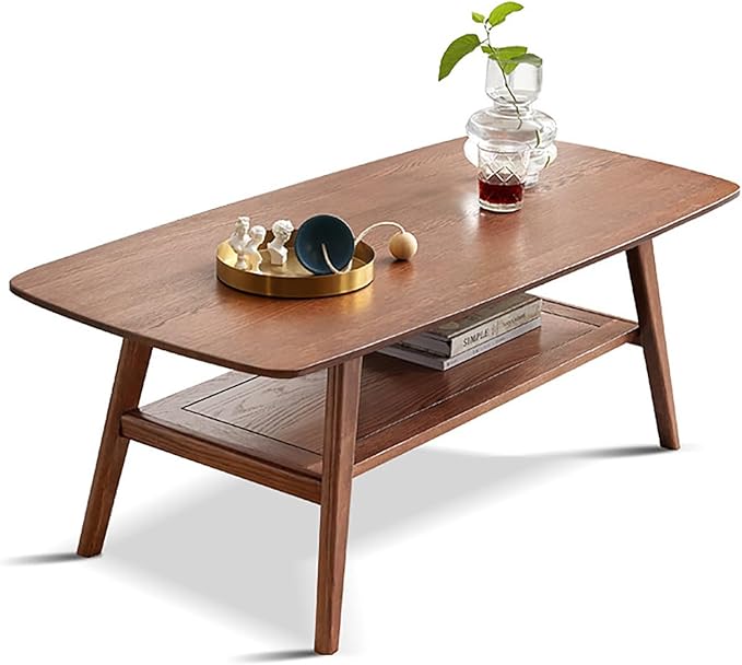 Wood Coffee Table - 100% Solid Oak Wood- 2-Tier Coffee Table with Storage for Living Room, Eco-Friendly Finish, Easy Assembly (Walnut, 47.24" D x 22.04" W x 17.32" H)
