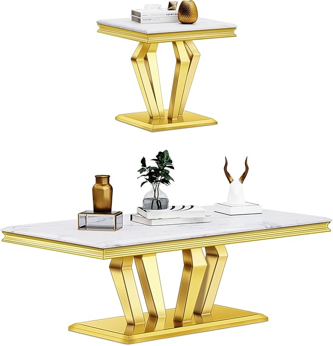 Living Room Table Set, 2-Piece Table Set Includes Coffee Table & End Tables, White and Gold Table Set for Home Apartment Office