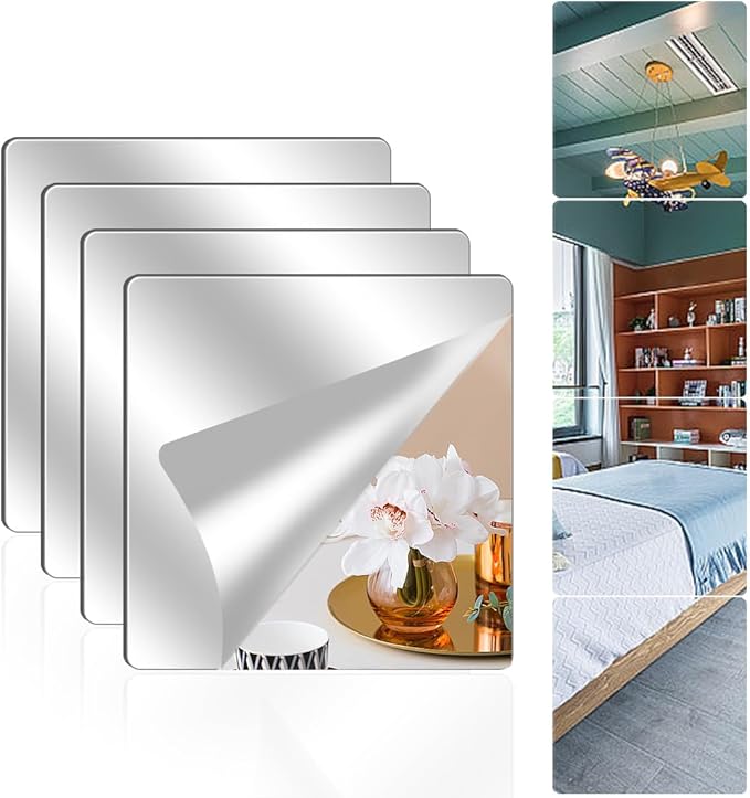 4 Pack Wall Mirror Full Length, 16 x 16 Inch Unbreakable Acrylic Mirror Tiles, Shatterproof Flexible Plastic Mirror Sheets for Bedroom Home Gym Door (4P 16"x16")