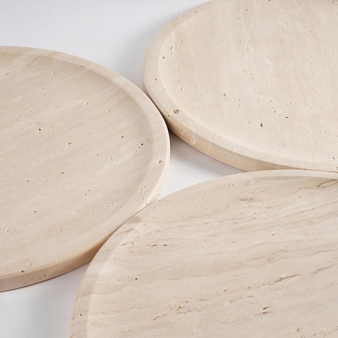 Travertine Tray, 11.8"x0.8" Round Serving Tray for Kitchen and Coffee Table, Bathroom Trays for Counter, Decorative Vanity Trays, Catchall Fruit and Snack, Light Beige Ottoman Tray