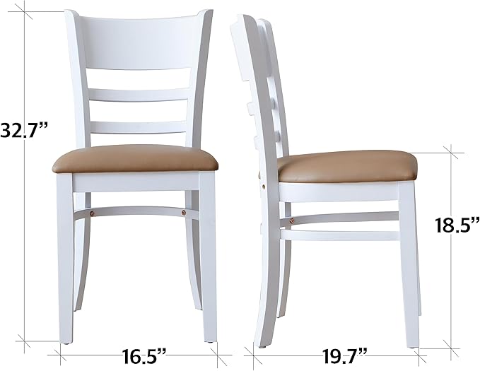Livinia Cabin Dining Chair Set of 2, Solid Malaysian Oak PU Leather Upholstered Cushion Seat Wooden Ladder Back Side Chairs (White) Assembly Required