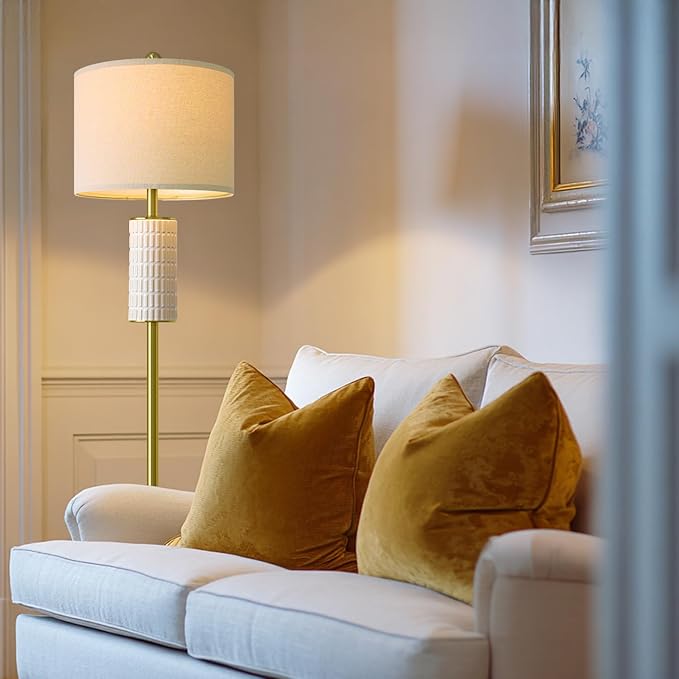 PoKat Ceramic Gold Floor Lamp with Remote, 64" Modern Floor Lamps for Living Room with Stepless Dimmable Colors Temperature, Tall Standing Lamp for Living Room Bedroom Reading, 9W Bulb Included