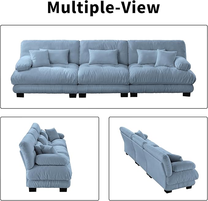 133.8" Oversized Couch, 3 Seater Modular Sectional Sofa, Blue Large Sectional Couches for Living Room, Fluffy Chenille Fabric Cloud Couch with 5 Pillows, Deep Seat Sofas