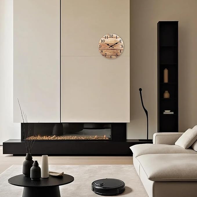 XNM 10 Inch Rustic Wall Clock for Bedroom Battery Wall Clock Silent Brown Round Small Clock Wood(No Solid Wood, It is with MDF Material)